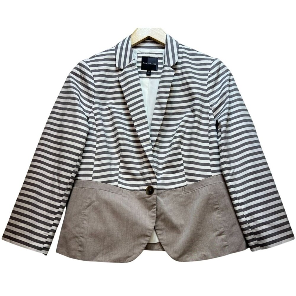 The Limited Womens Cropped One Button Blazer Long Sleeve Sz M White Taupe Stripe